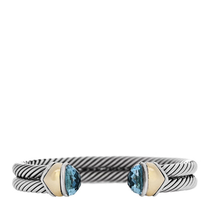 David Yurman Sterling Silver 14K Yellow Gold Blue Topaz Double Cable Bracelet 1 of 3