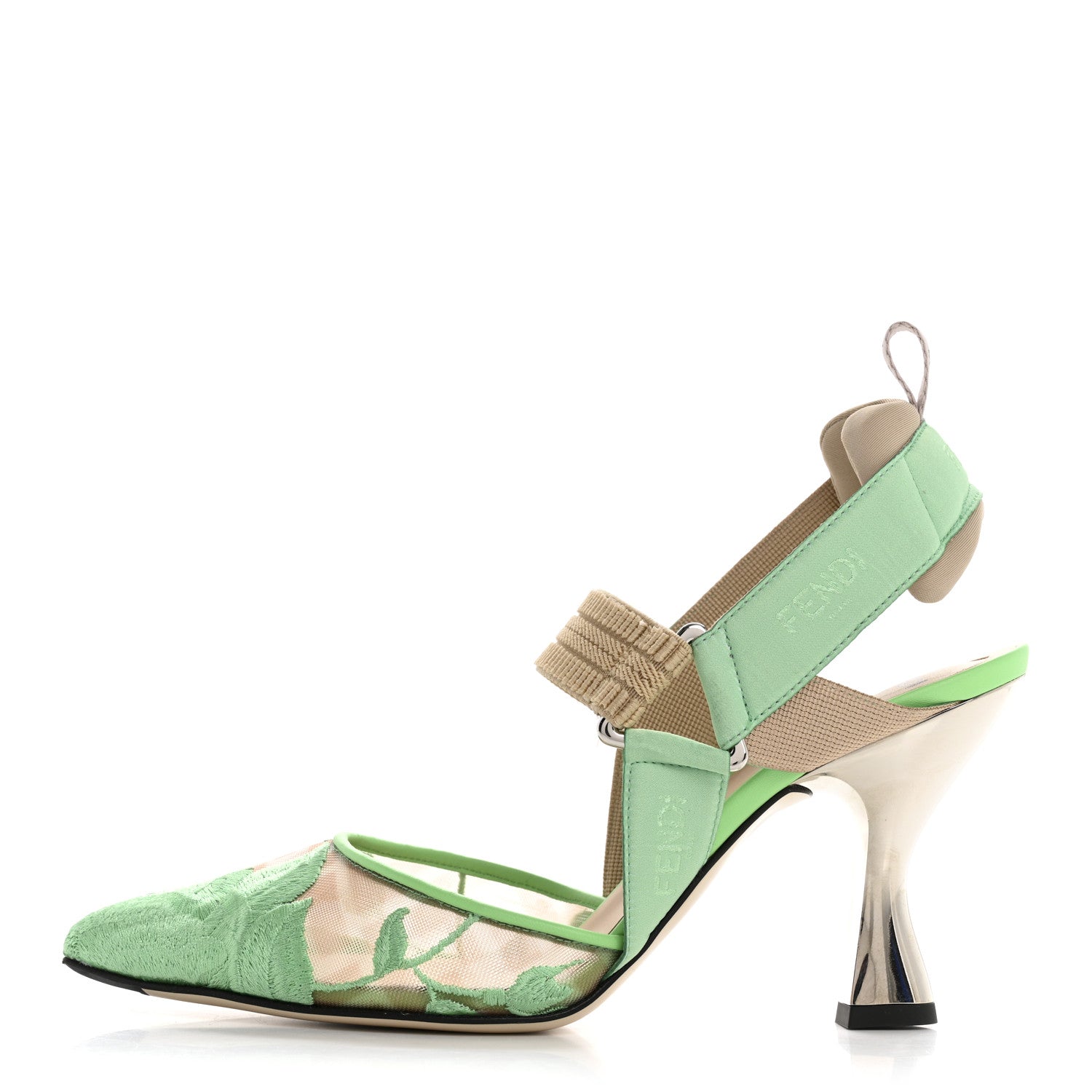 Fendi Mesh Vitello Floral Embroidered Colibri Lite 85mm Slingback Pumps 37 Edamame 1 of 10