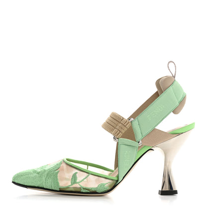Fendi Mesh Vitello Floral Embroidered Colibri Lite 85mm Slingback Pumps 37 Edamame 1 of 10