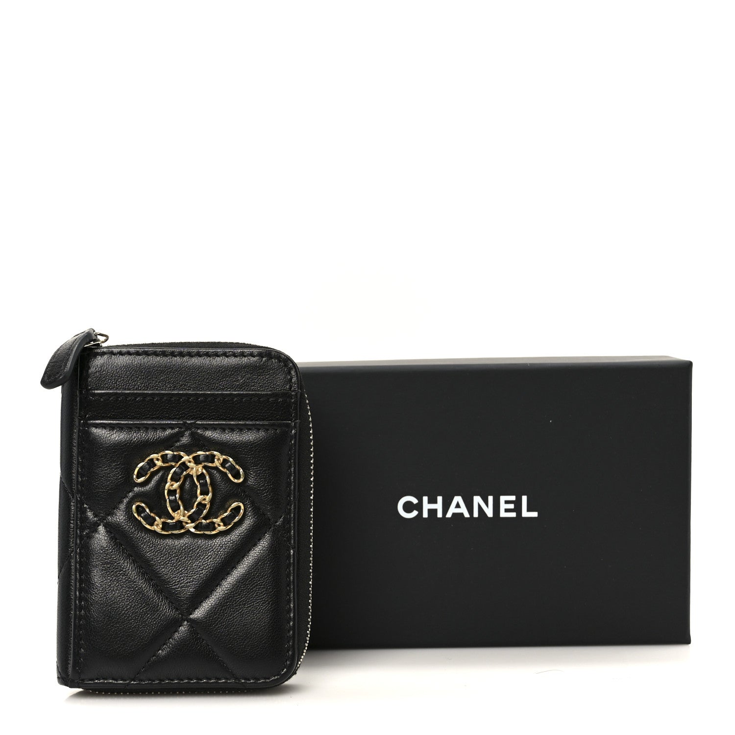 Chanel Lambskin Quilted Chanel 19 Vertical Zip Card Holder Wallet