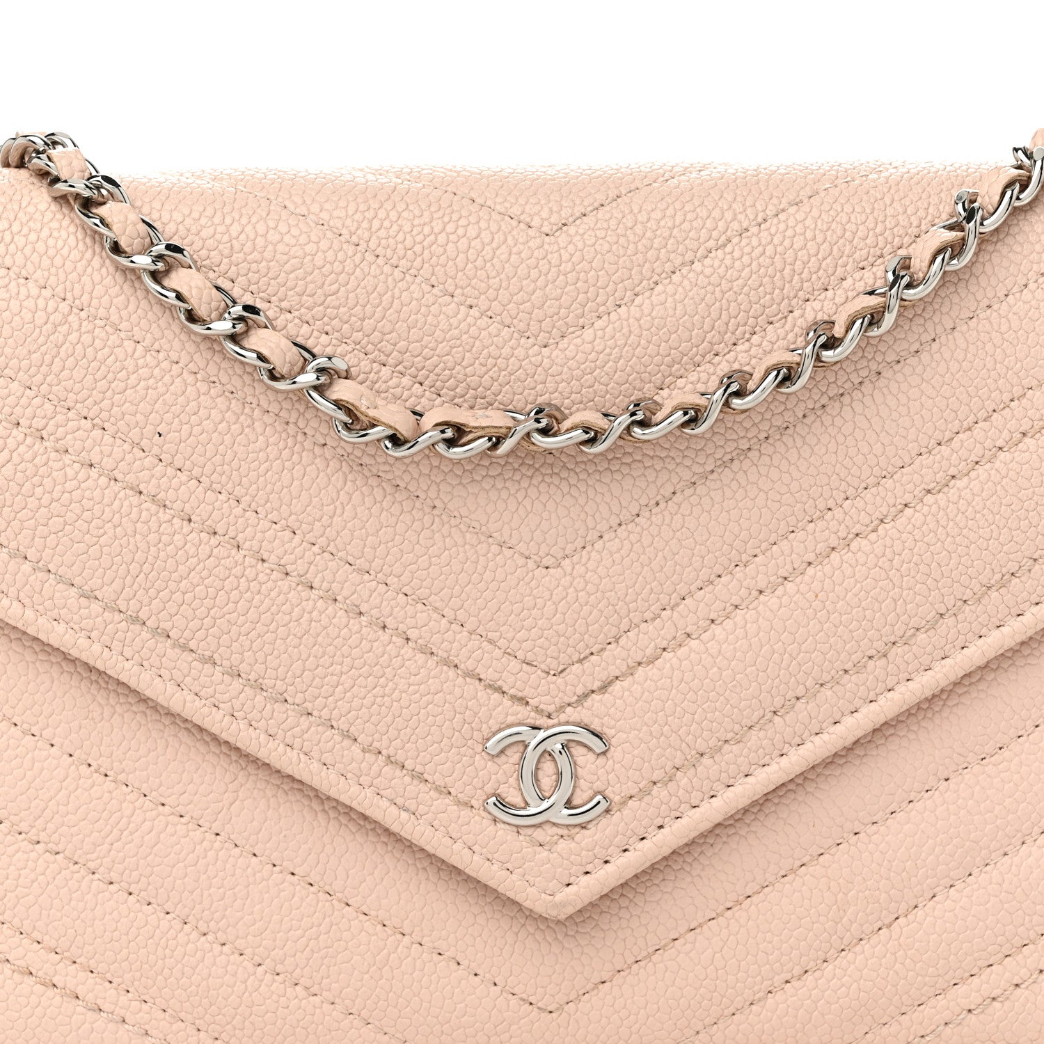 Chanel Caviar Chevron Quilted Statement Wallet On Chain WOC Light Beige 9 of 13