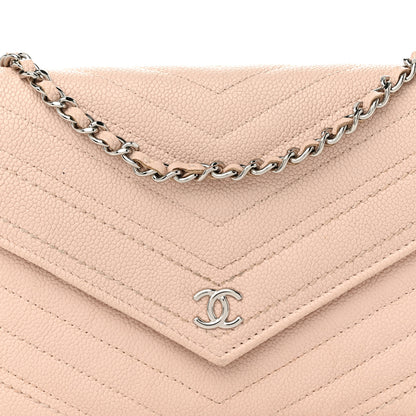 Chanel Caviar Chevron Quilted Statement Wallet On Chain WOC Light Beige 9 of 13
