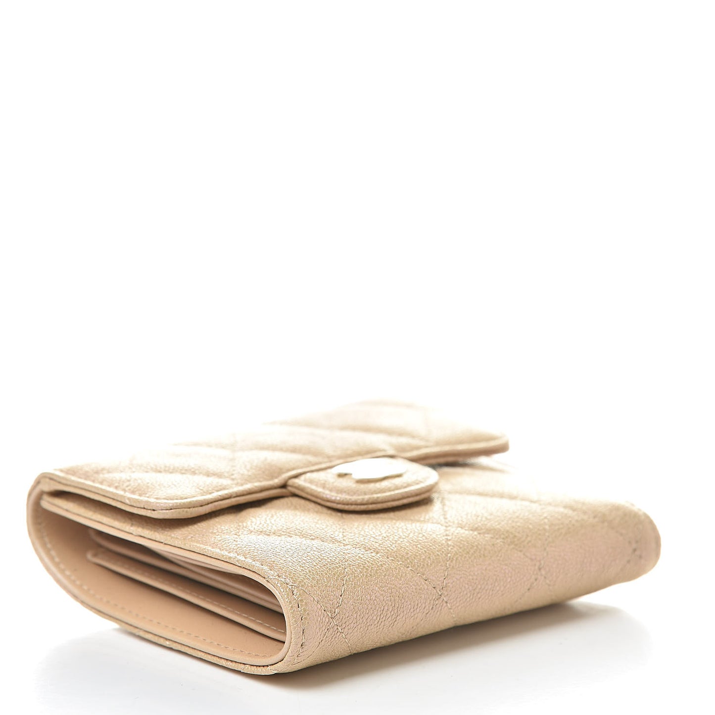 Iridescent Caviar Quilted Compact Flap Wallet Beige