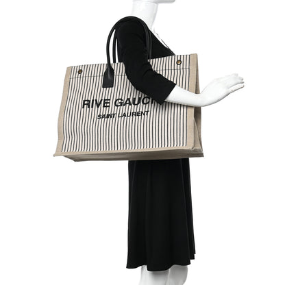 Saint Laurent Embroidered Cotton Linen Rive Gauche Noe Tote Natural Black 2 of 10