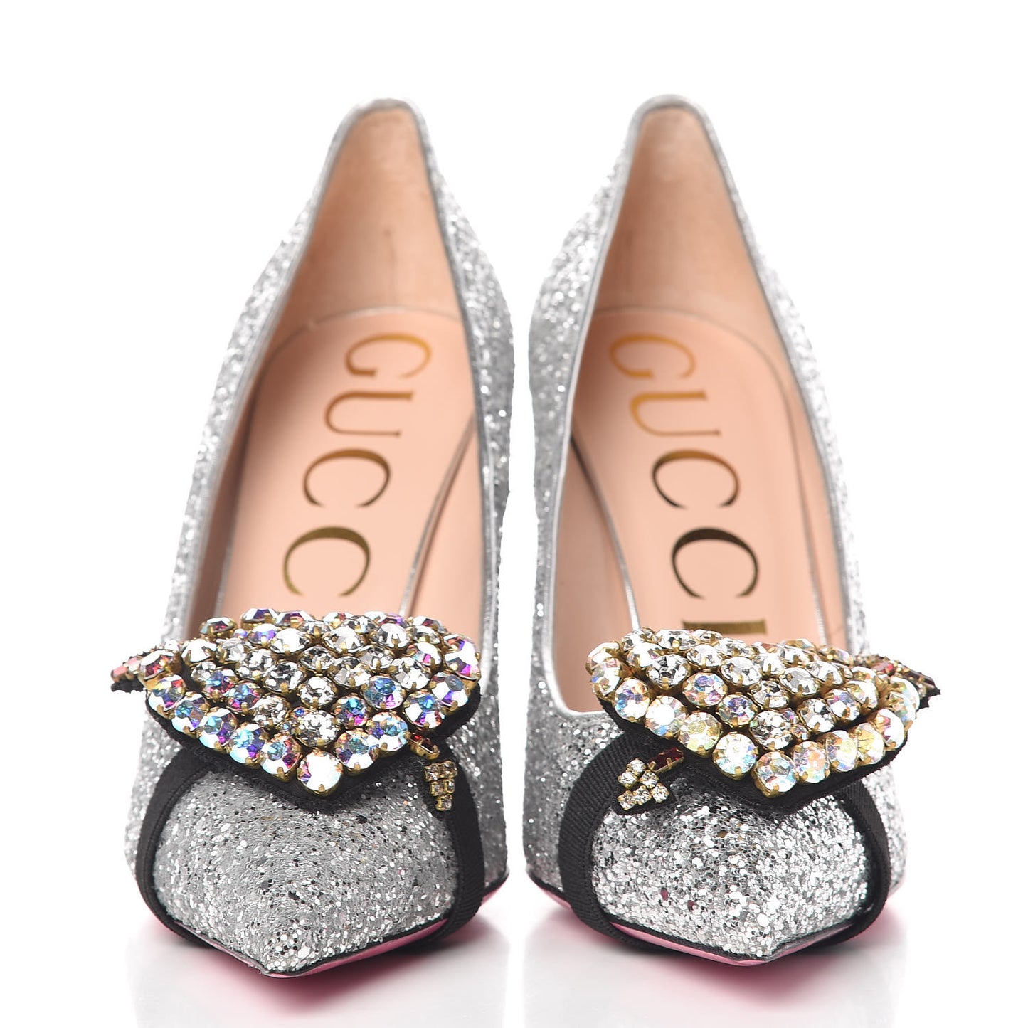 Nappa Silk Glitter Removable Crystal Heart Pumps 39.5 Argento