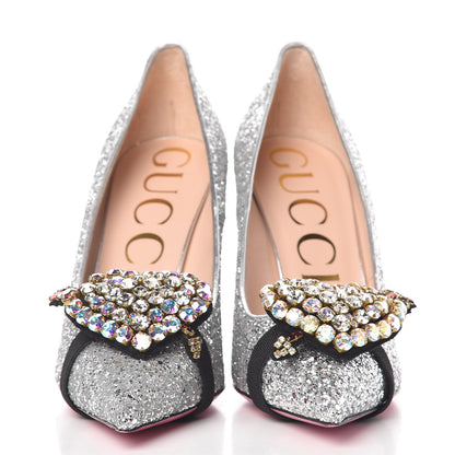 Gucci Nappa Silk Glitter Removable Crystal Heart Pumps 39.5 Argento 3 of 14