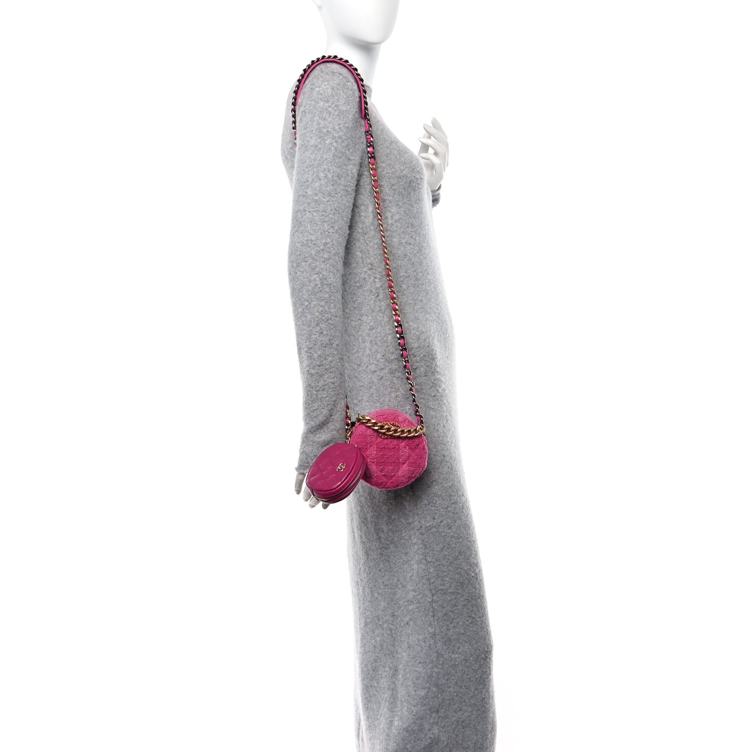 Chanel Wool Tweed Lambskin Quilted Chanel 19 Round Clutch With Chain and Coin Purse Fuchsia 2 of 11