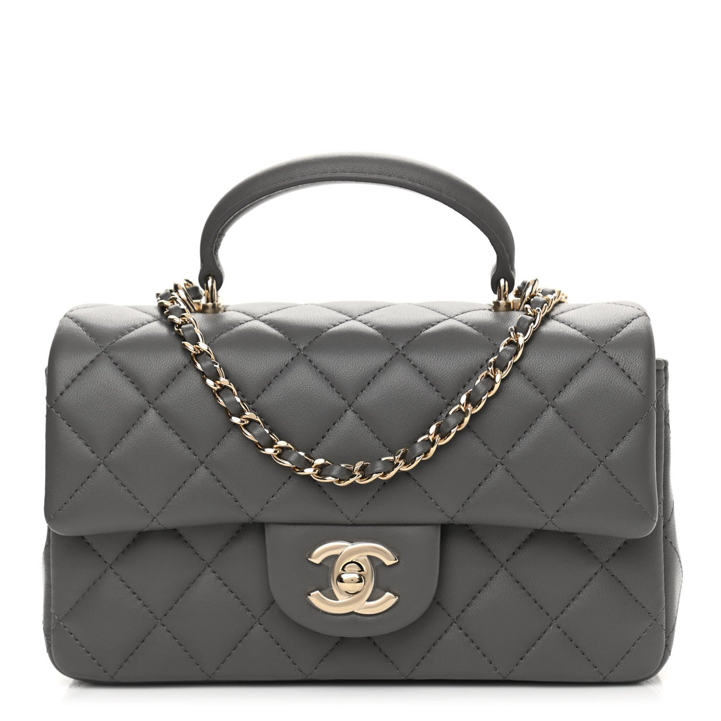 Lambskin Quilted Mini Top Handle Rectangular Flap Dark Grey