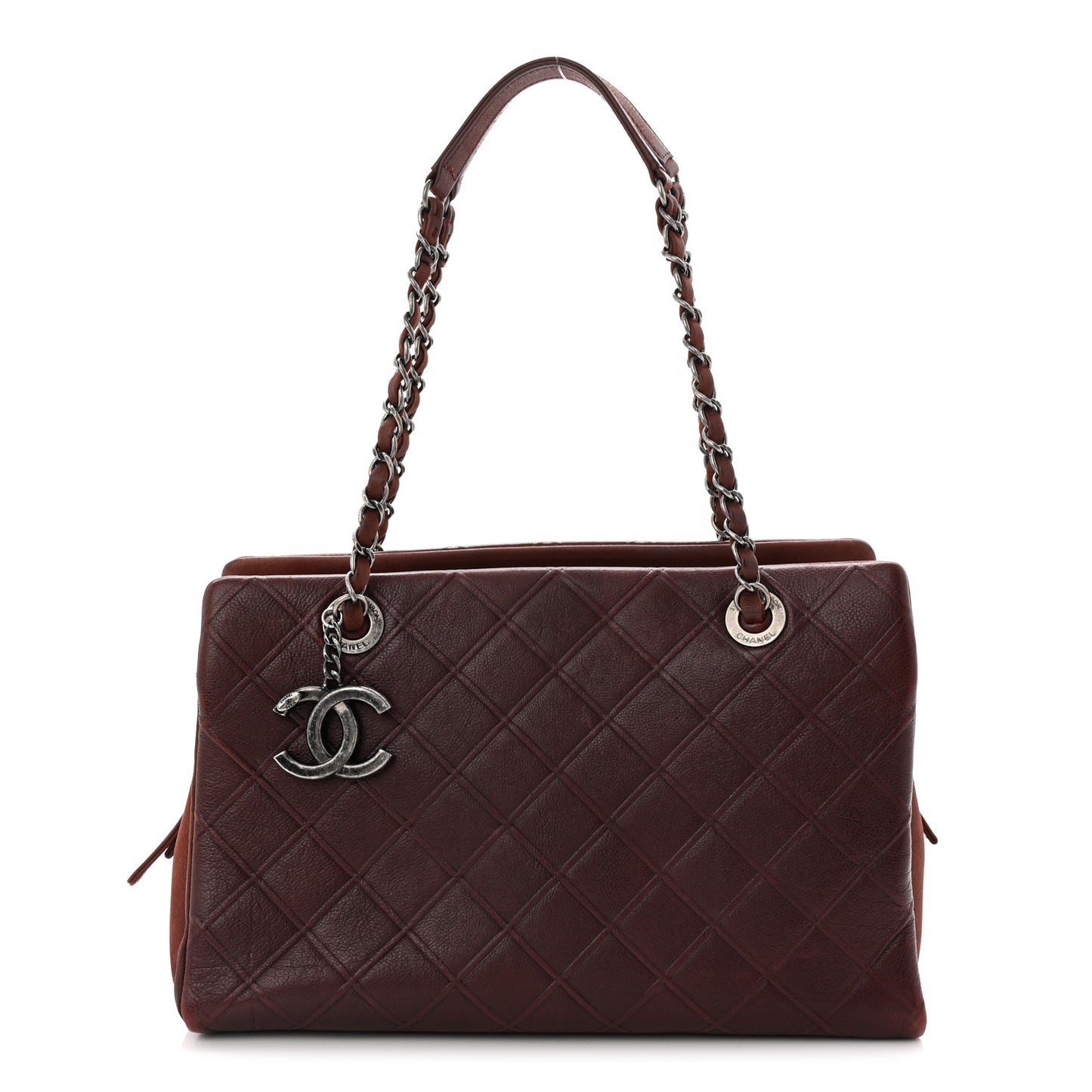 Calfskin Diamond Embossed Large CC Zip Shopping Tote Burgundy