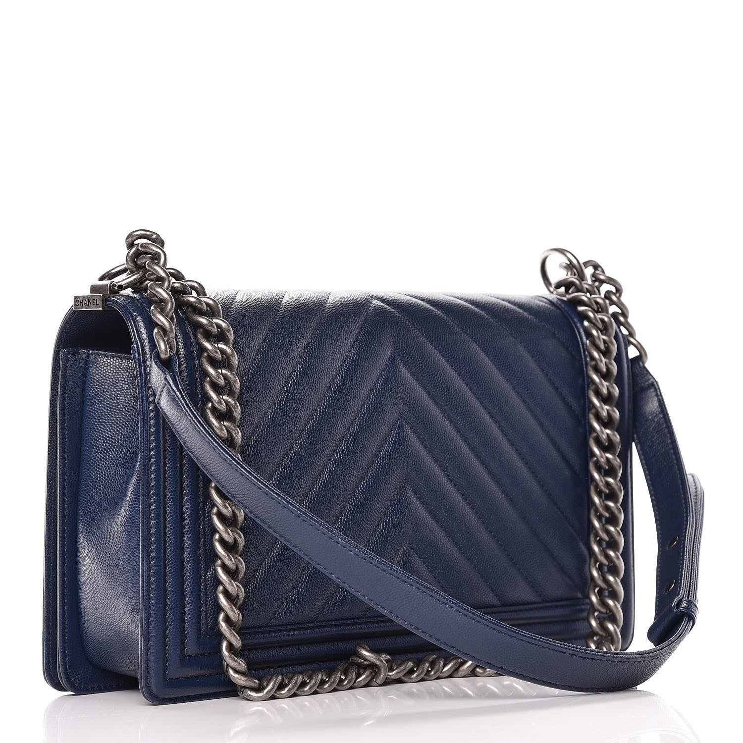 Chanel Caviar Chevron Quilted New Medium Boy Flap Dark Navy Blue 3 of 6