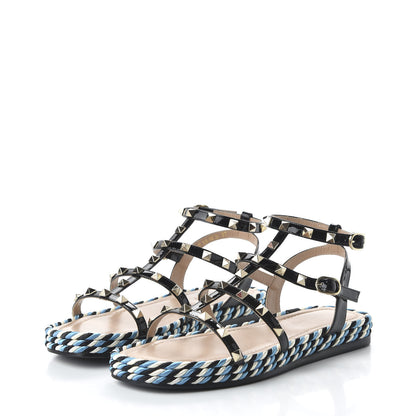 Valentino Garavani Patent Rockstud Torchon Espadrille Caged 30mm Flat Sandals 37 Black 5 of 10