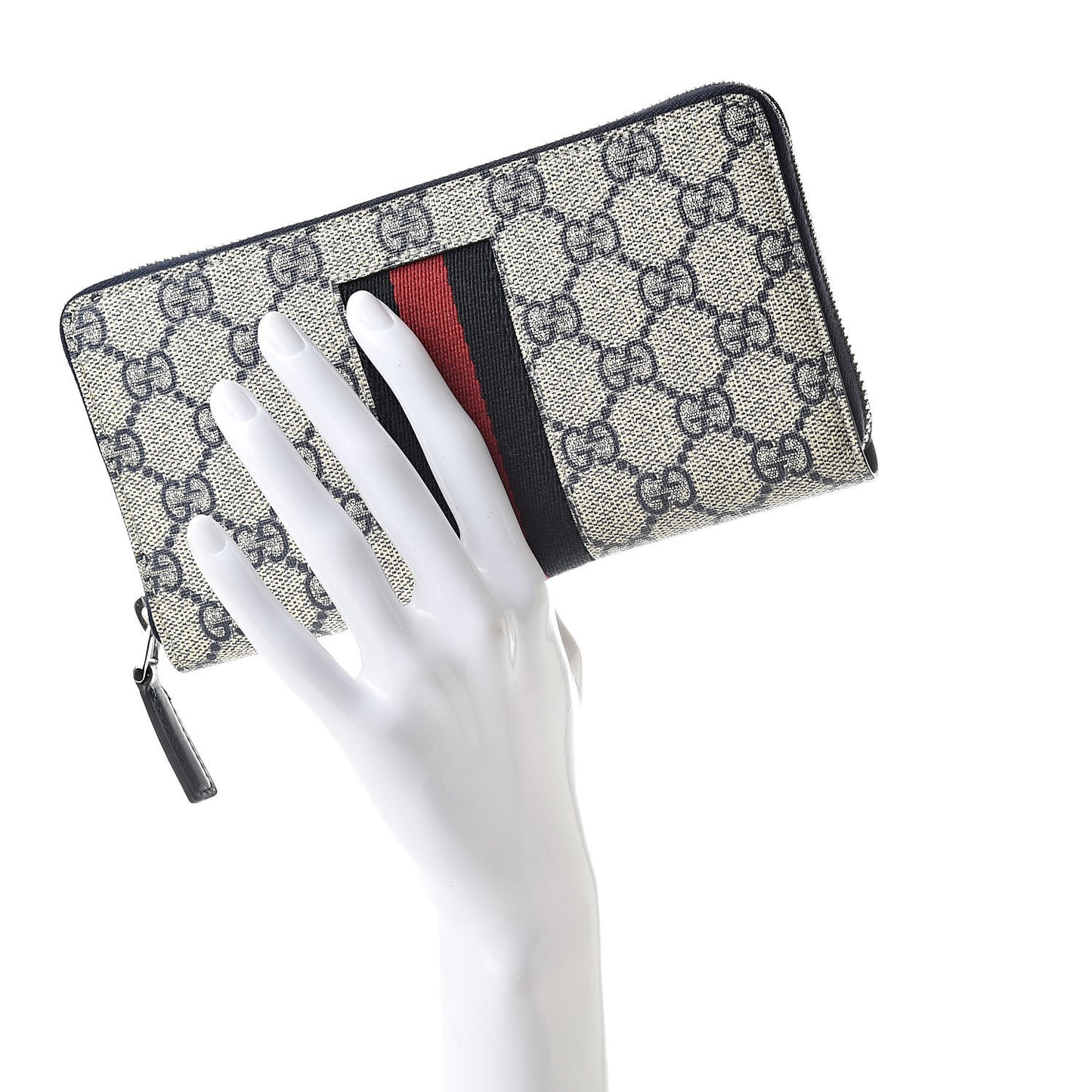 GG Supreme Monogram Web Zip Around Wallet Beige Blue