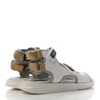 Chanel Goatskin Fabric Gladiator Sandals 39.5 White Light Grey Navy Blue 3 of 4