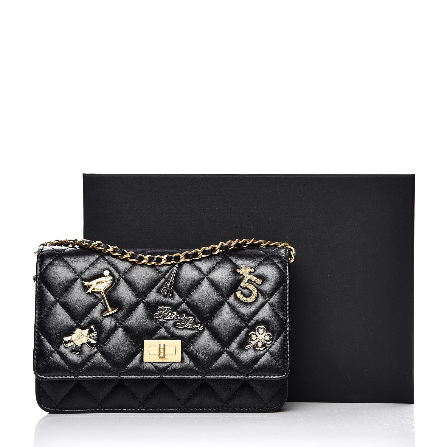 Chanel Aged Calfskin Quilted Lucky Charms 2.55 Reissue Wallet On Chain WOC Black 9 of 9
