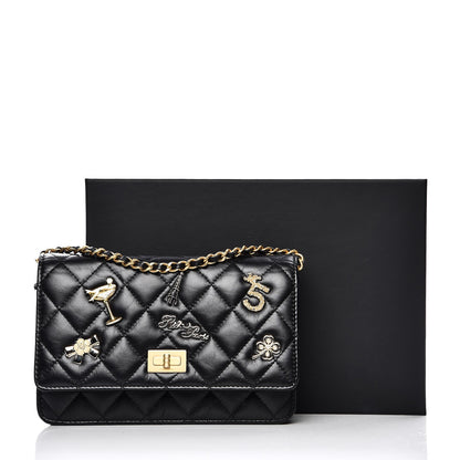 Chanel Aged Calfskin Quilted Lucky Charms 2.55 Reissue Wallet On Chain WOC Black 9 of 9