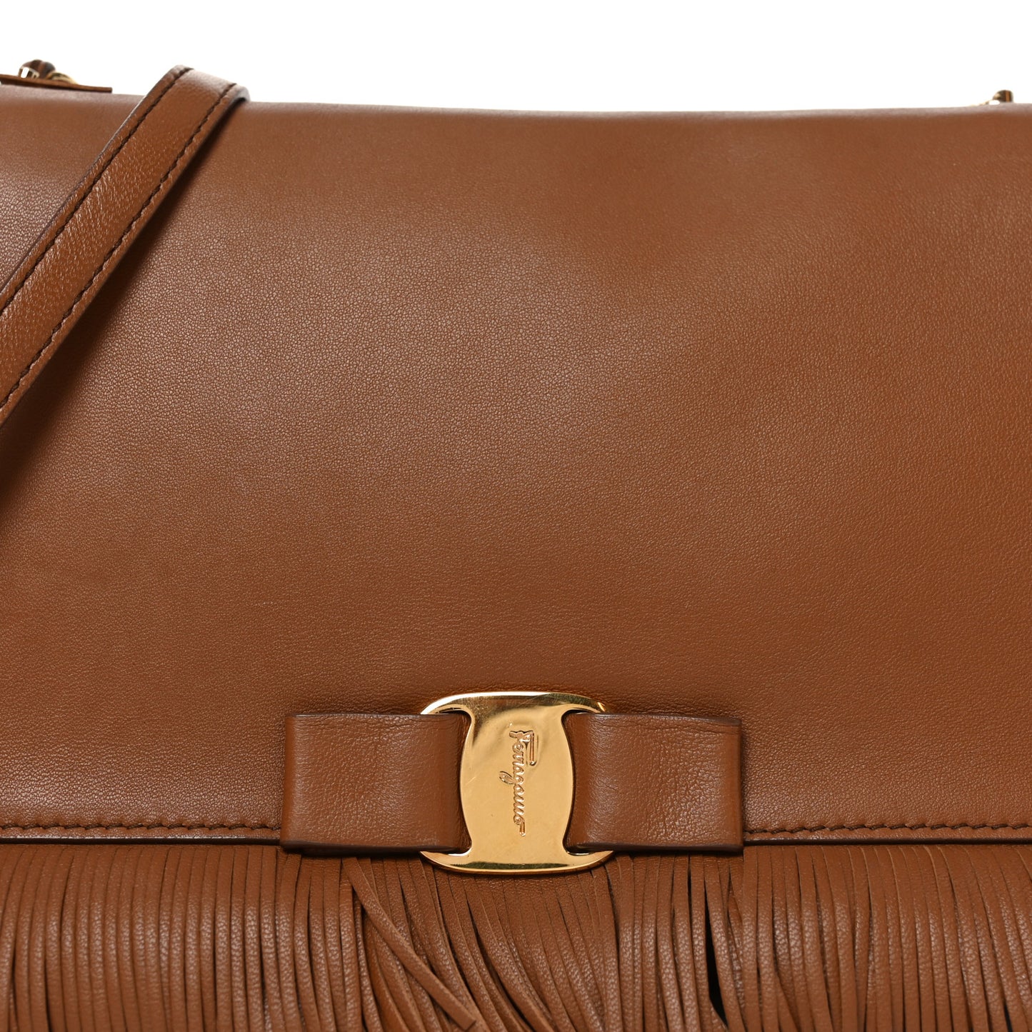 Calfskin Fringe Vera Bow Crossbody Bag Brown