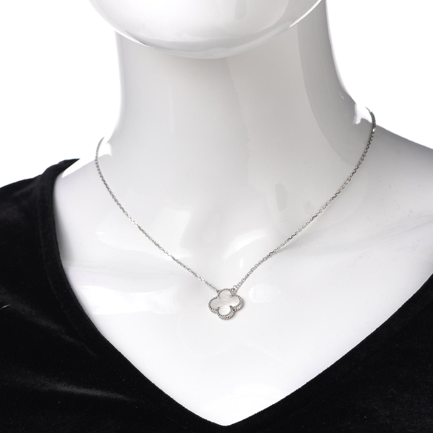 18K White Gold Mother of Pearl Vintage Alhambra Pendant Necklace