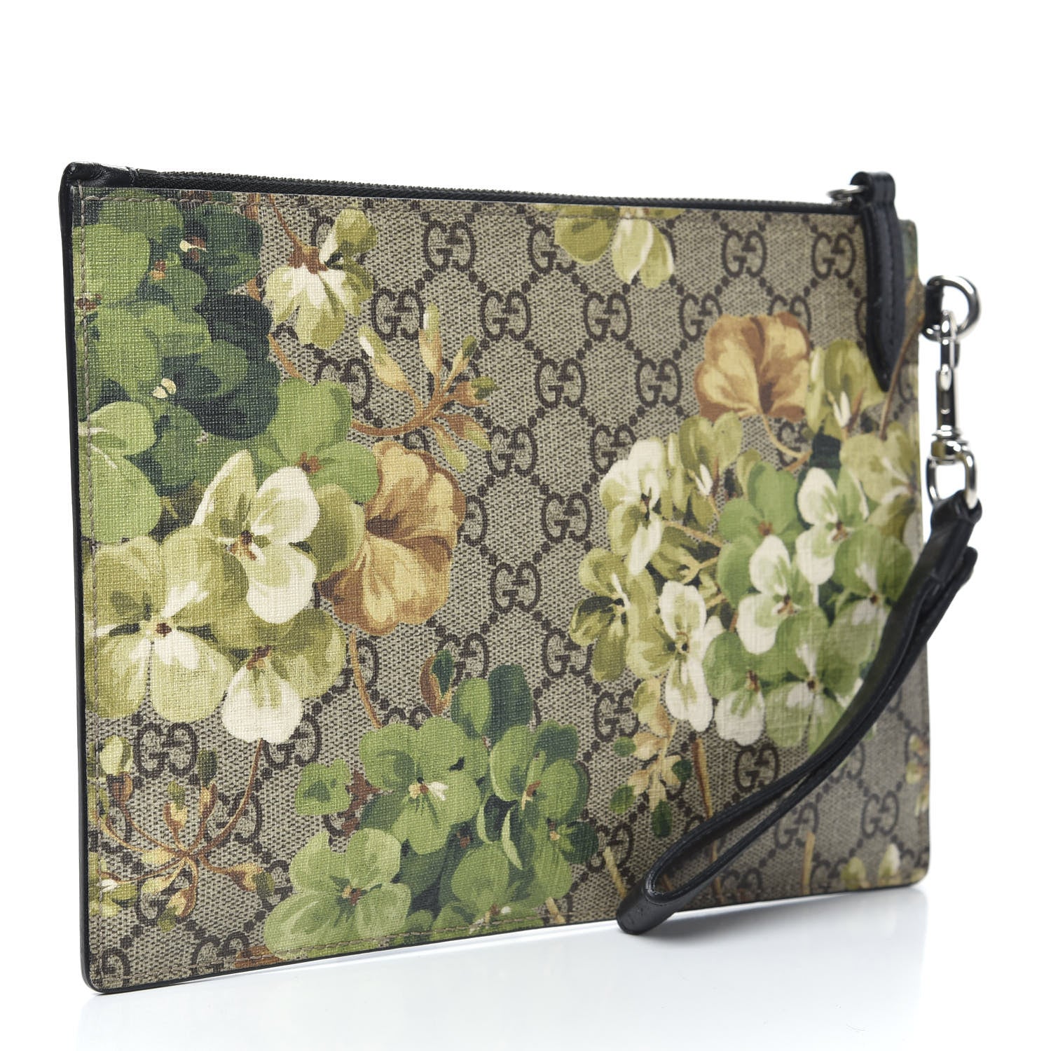 Gucci GG Supreme Monogram Blooms Small Zip Wristlet Pouch Beige New Military Black 3 of 7