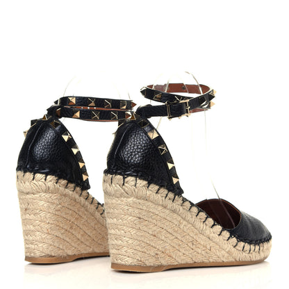 Valentino Garavani Grained Calfskin Rockstud Ankle Wrap Espadrille 15/85mm Wedges 38 Black Light Cuir 4 of 7