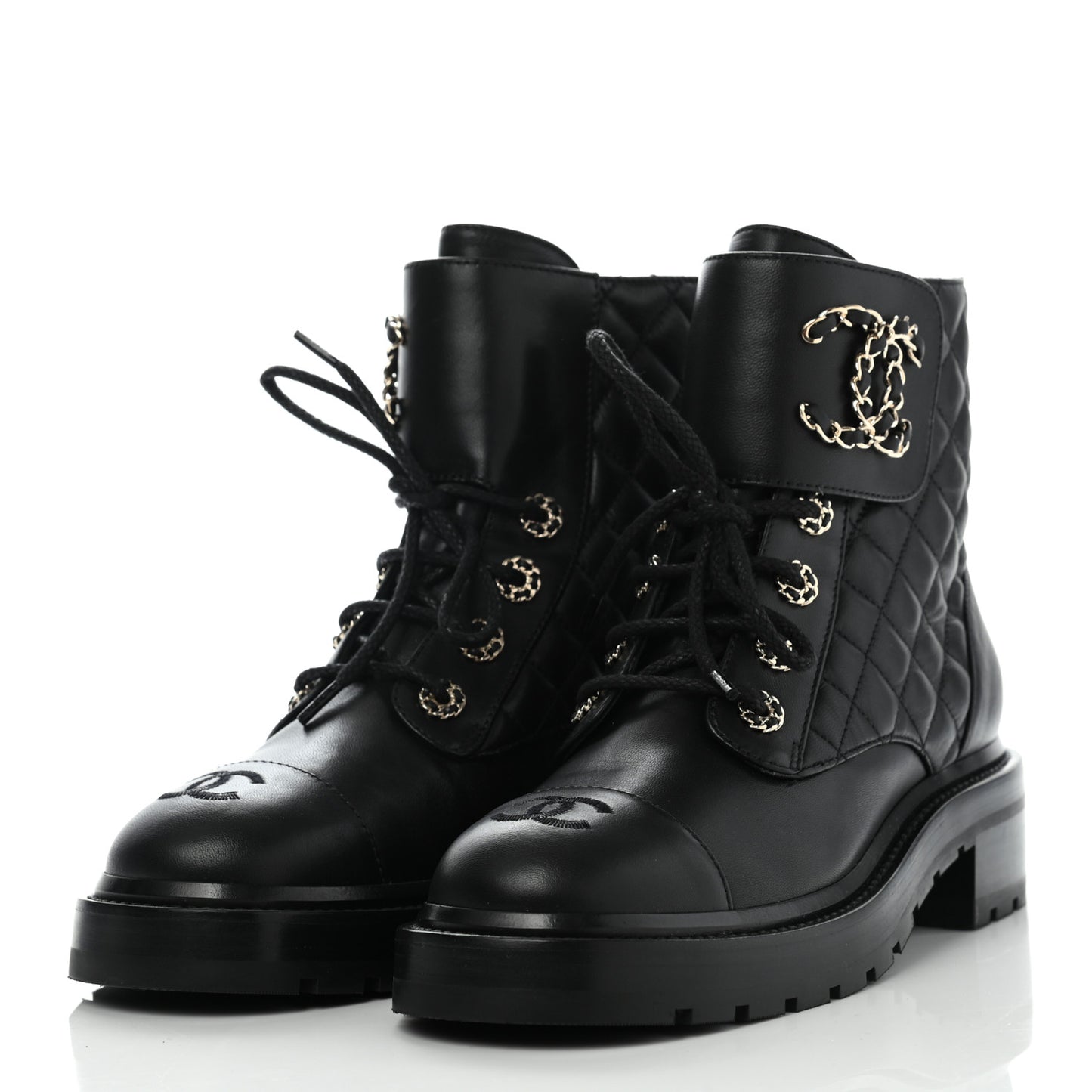 Shiny Lambskin Quilted Lace Up Combat Boots 38 Black