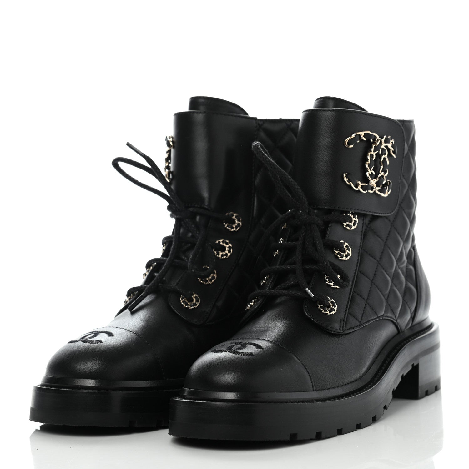 Chanel Shiny Lambskin Quilted Lace Up Combat Boots 38 Black 3 of 11