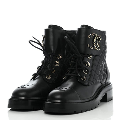Chanel Shiny Lambskin Quilted Lace Up Combat Boots 38 Black 3 of 11