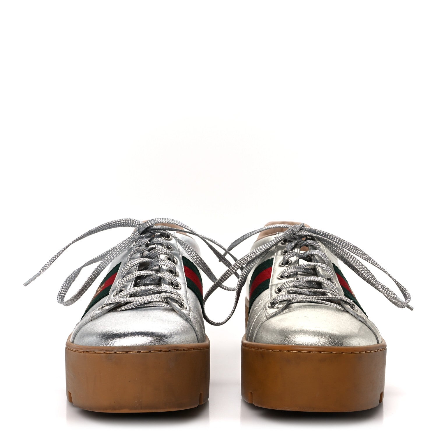 Gucci Metallic Nappa Web Bee Embroidered Womens Ace Platform Sneakers 36 Argento Red Flame 3 of 10
