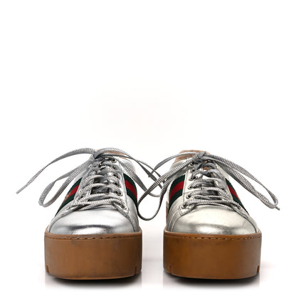Gucci Metallic Nappa Web Bee Embroidered Womens Ace Platform Sneakers 36 Argento Red Flame 3 of 10