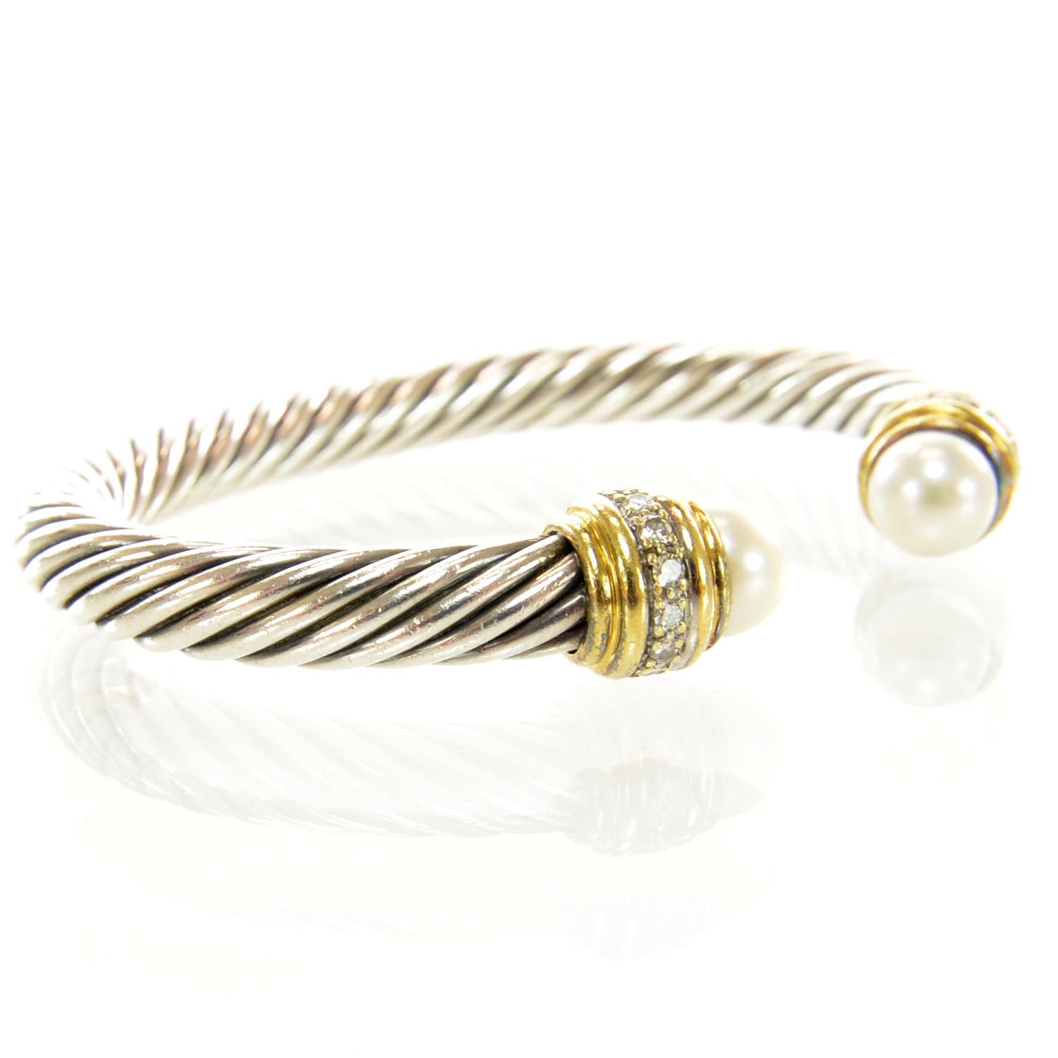David Yurman Sterling Silver and 18k Gold Diamond Pearl Cable Cuff 3 of 6