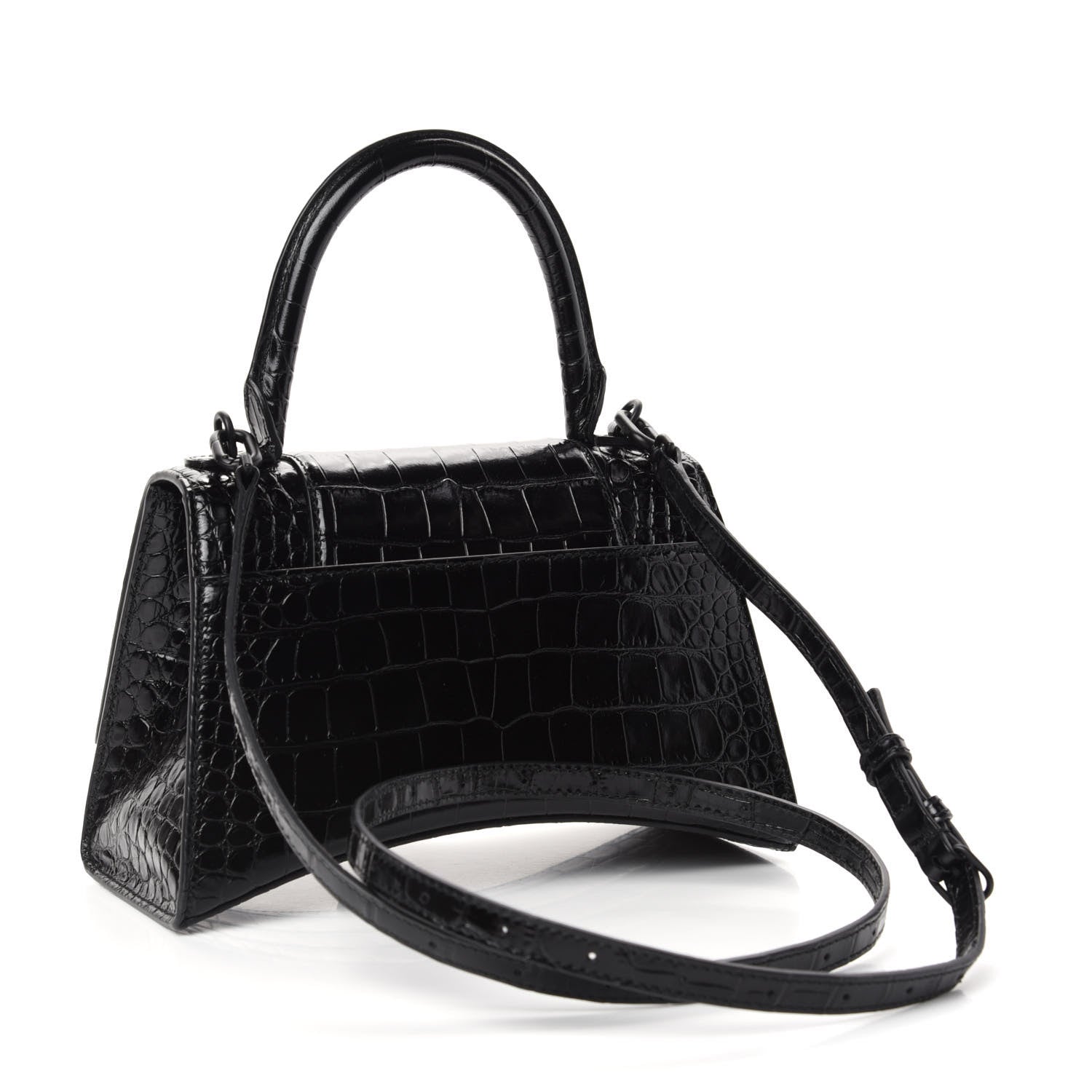 Balenciaga Shiny Calfskin Monochrome Crocodile Embossed Small Hourglass Top Handle Bag Black 3 of 9