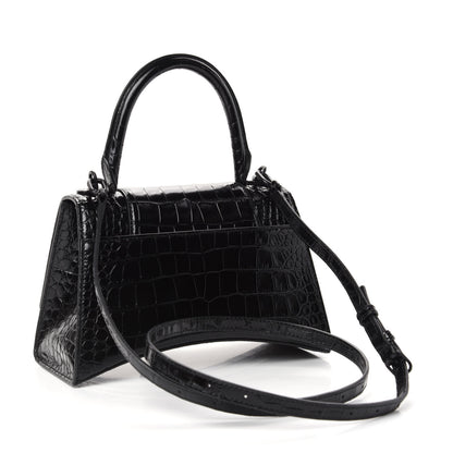 Balenciaga Shiny Calfskin Monochrome Crocodile Embossed Small Hourglass Top Handle Bag Black 3 of 9