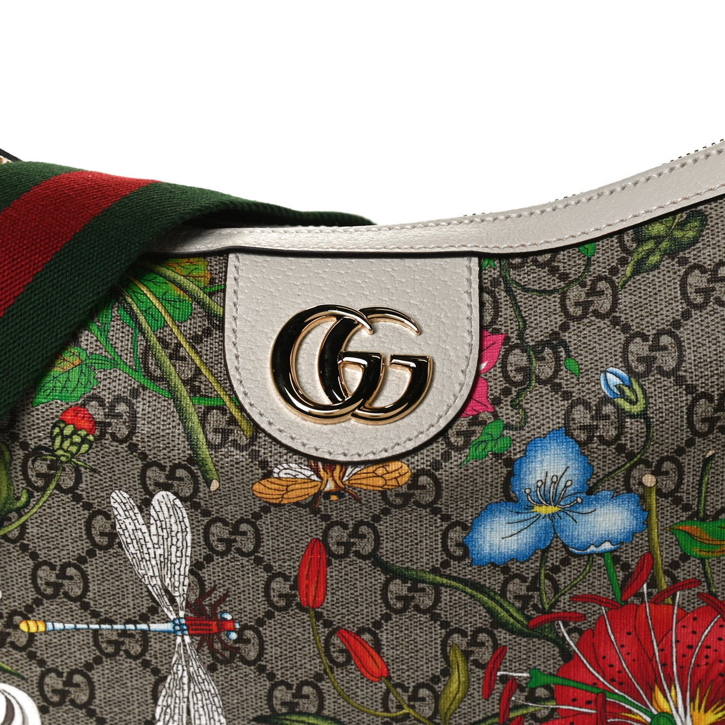 GG Supreme Monogram Flora Web Small Ophidia Half Moon Hobo White