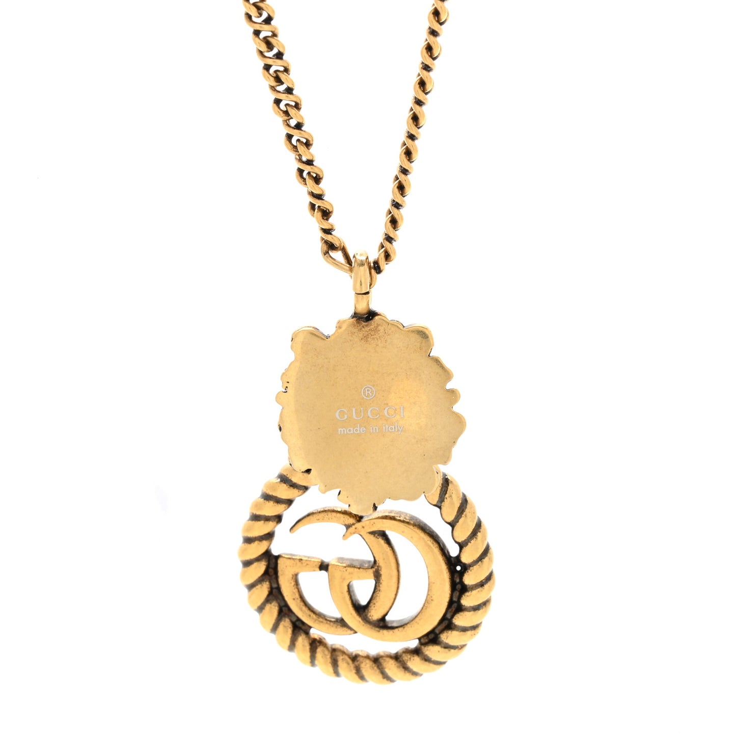 Metal Lion Head GG Necklace Aged Gold