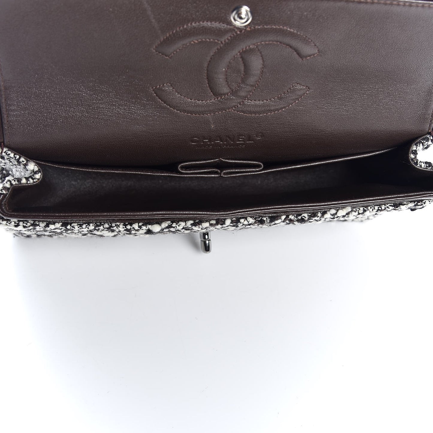 Tweed Quilted Medium Double Flap White Brown