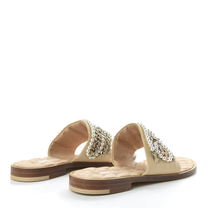 Chanel Pearl Lambskin Chain Flat Sandals 36 Beige 4 of 10