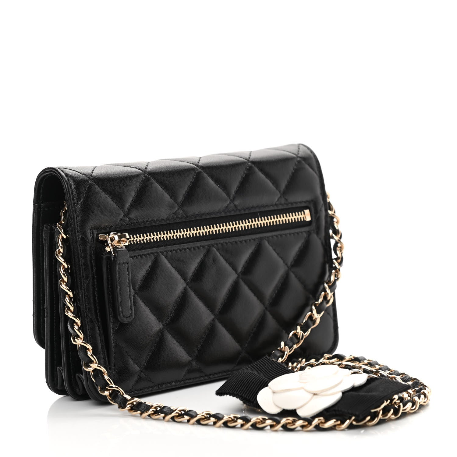 Chanel Lambskin Quilted Mini Camellia Bow Wallet On Chain WOC Black 3 of 14