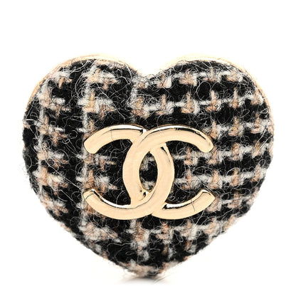 Chanel Tweed CC Heart Brooch Ivory Black Gold 1 of 3