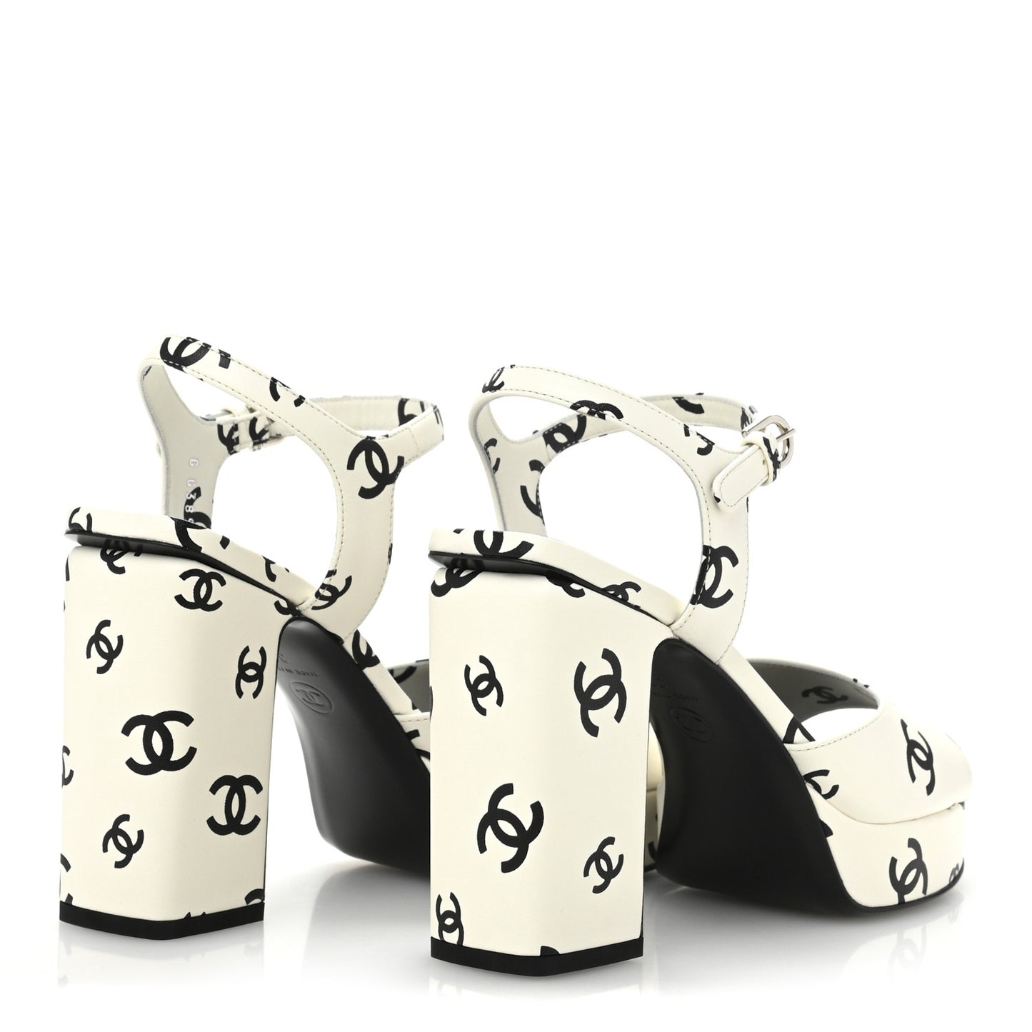 Printed Lambskin CC Platform Sandals 39 White Black