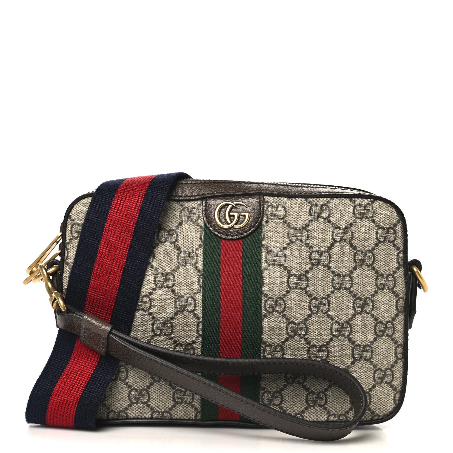 Gucci GG Supreme Monogram Textured Dollar Calfskin Web Ophidia Wristlet Shoulder Bag Beige Ebony New Acero 1 of 11