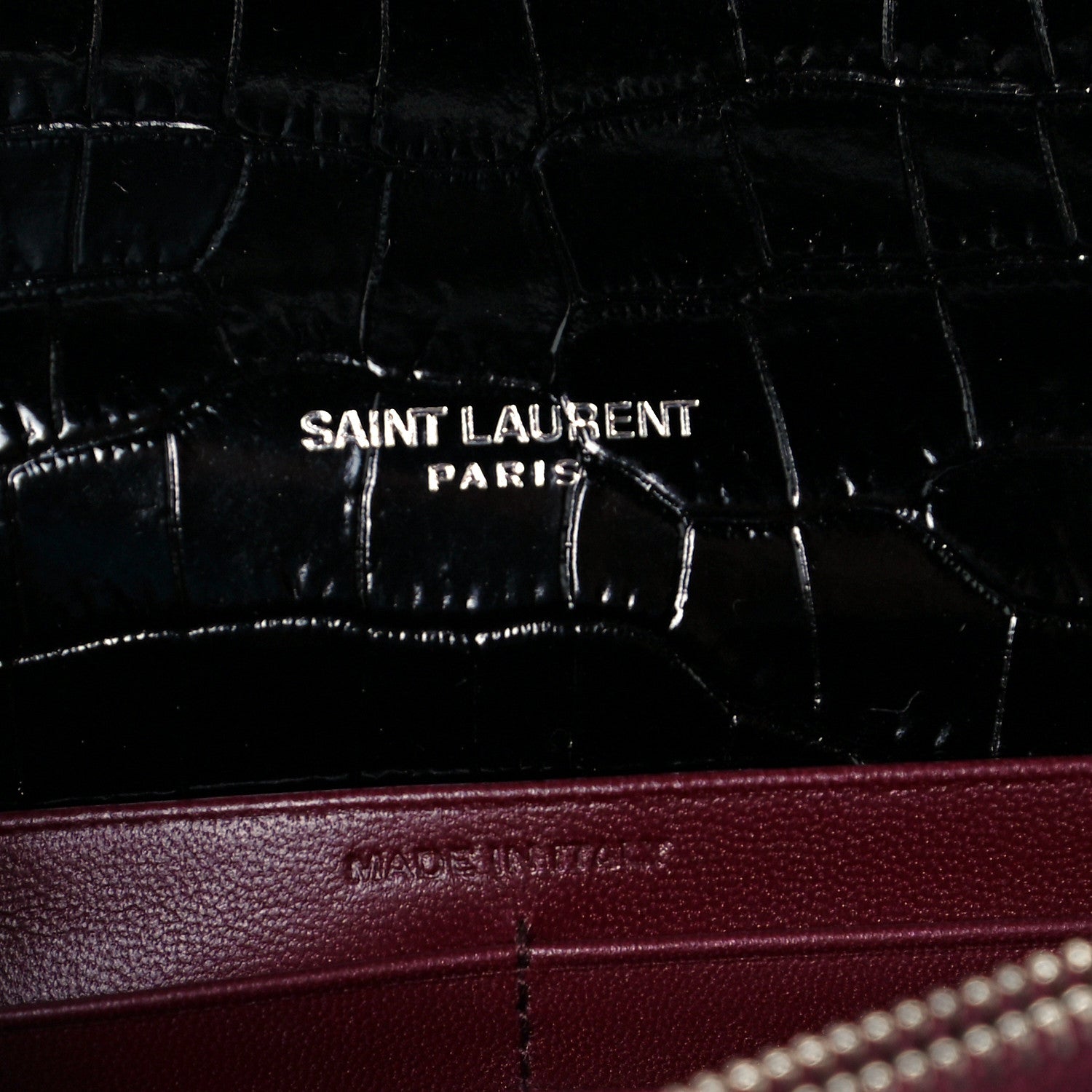Saint Laurent Patent Calfskin Crocodile Embossed Monogram Cassandra Chain Wallet Black 7 of 11