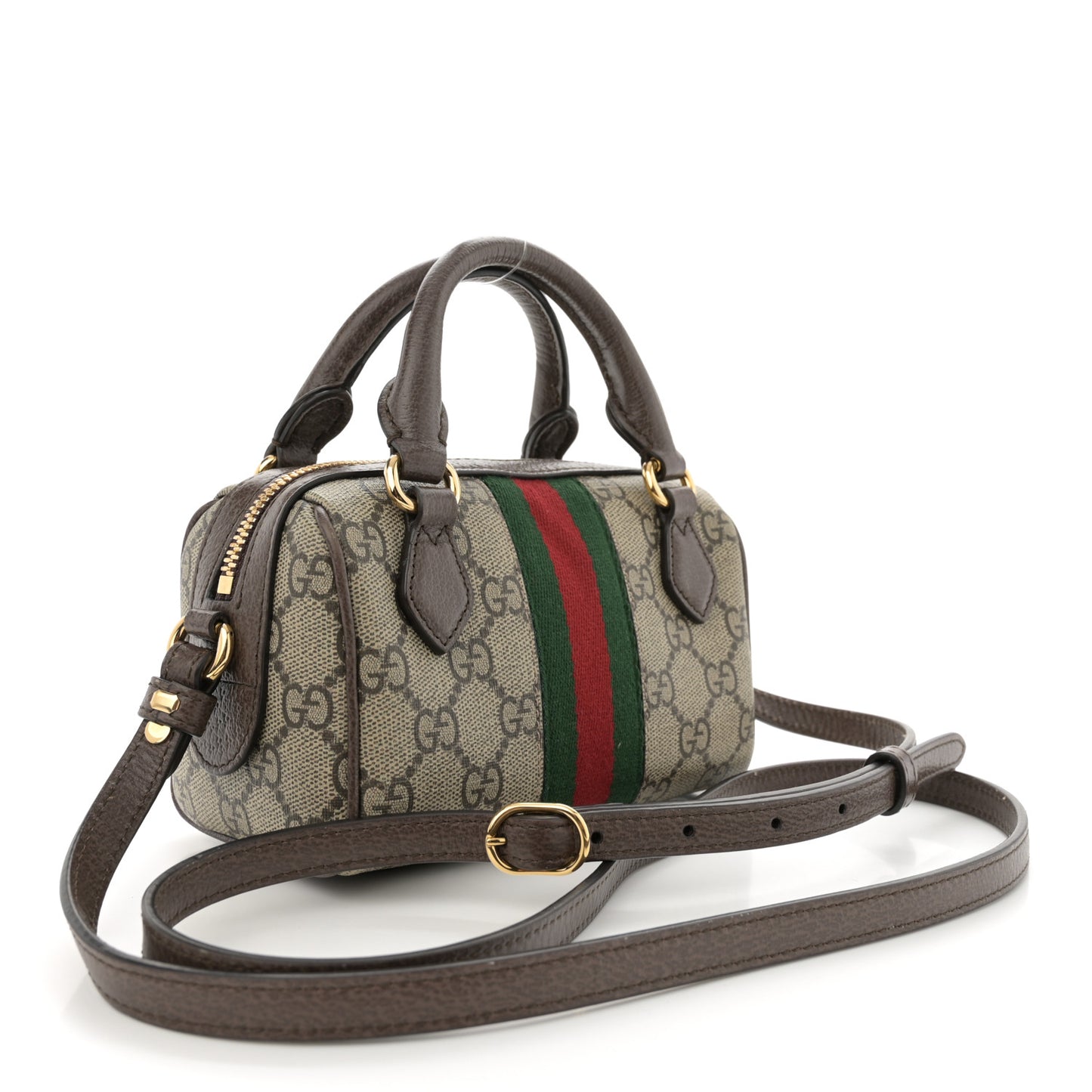 GG Supreme Monogram Textured Dollar Calfskin Web Super Mini Ophidia Top Handle Bowler Bag Beige Ebony New Acero