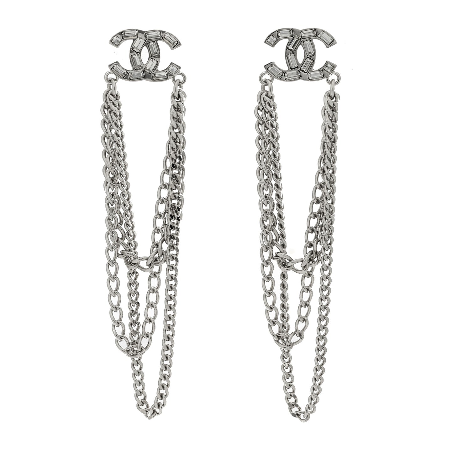 Crystal Baguette CC Chain Drop Earrings Silver