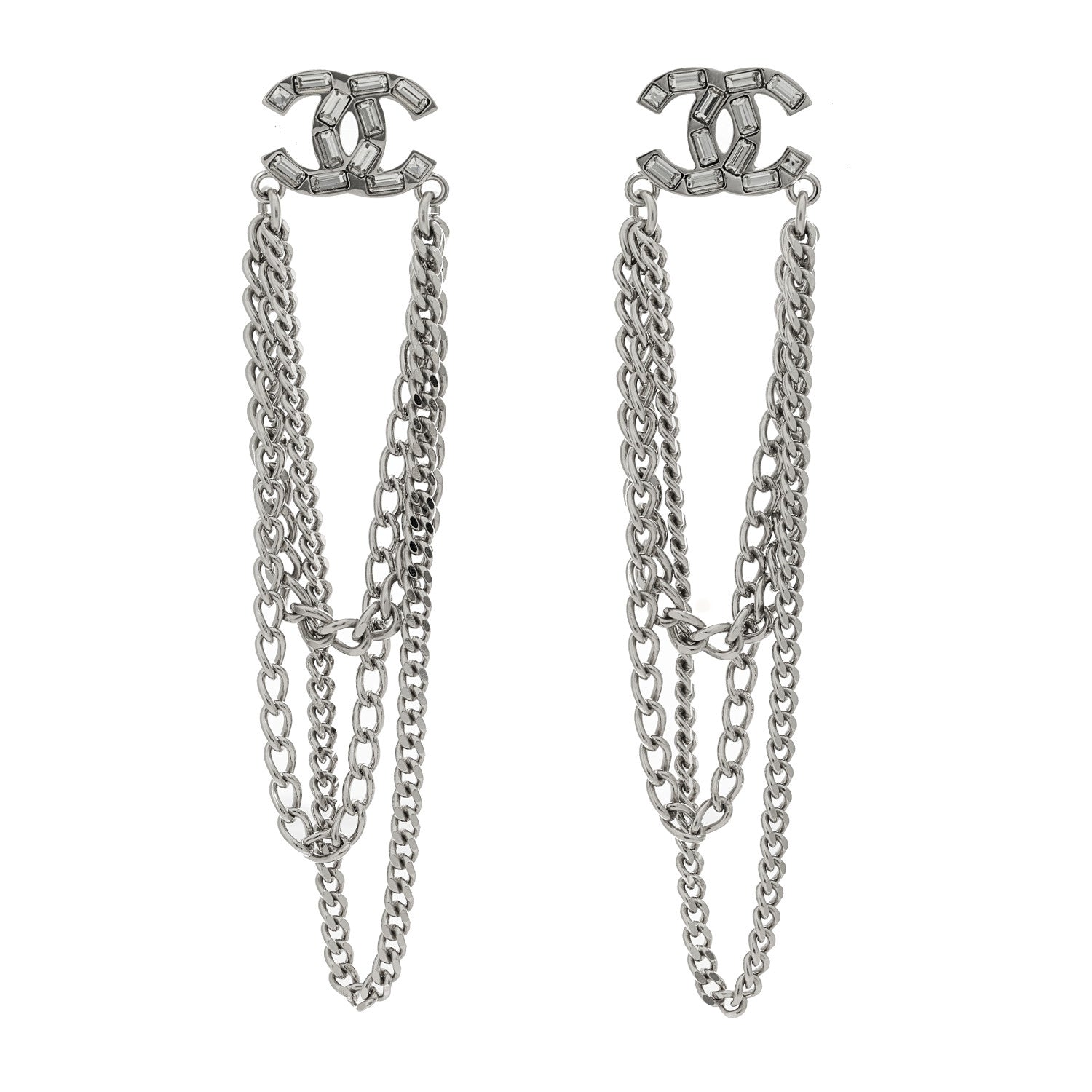 Chanel Crystal Baguette CC Chain Drop Earrings Silver 1 of 5