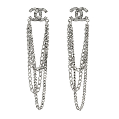 Chanel Crystal Baguette CC Chain Drop Earrings Silver 1 of 5