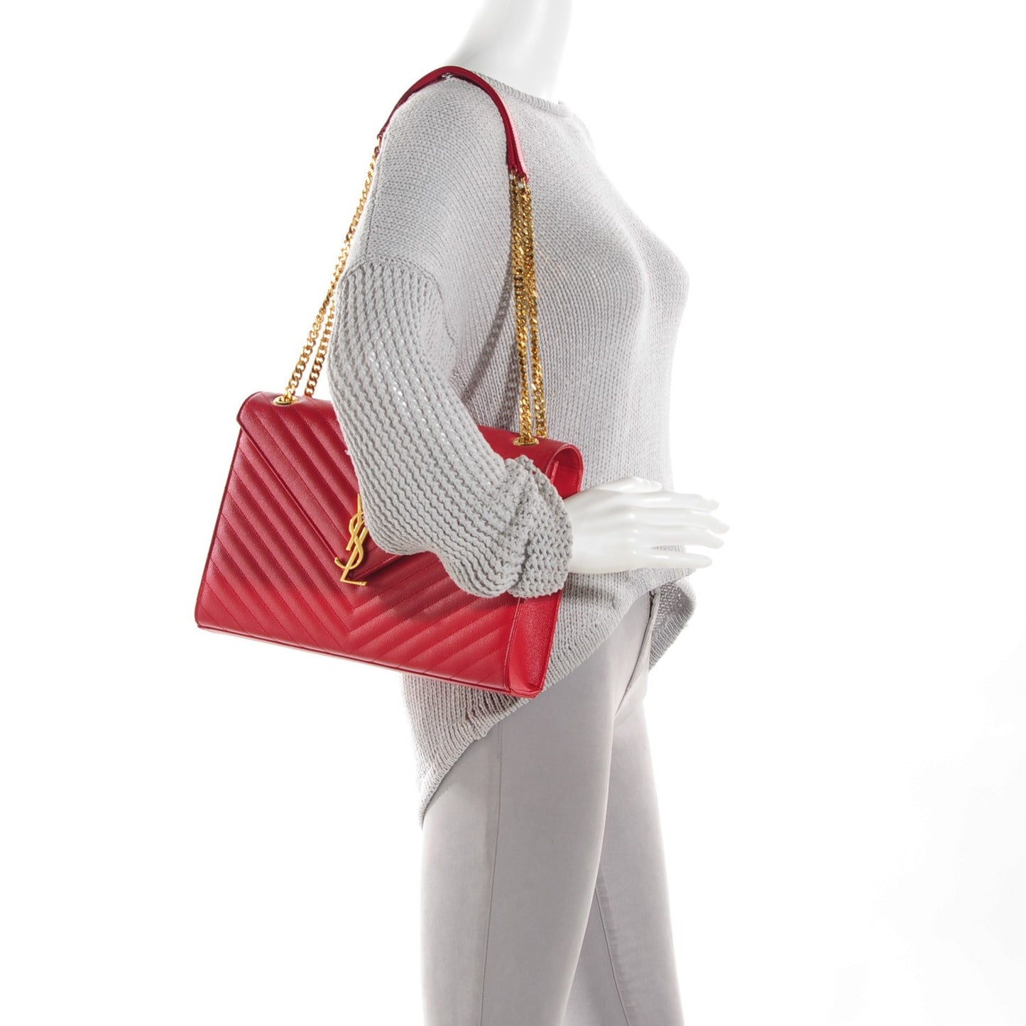 Grain De Poudre Matelasse Chevron Large Monogram Satchel Lipstick Red