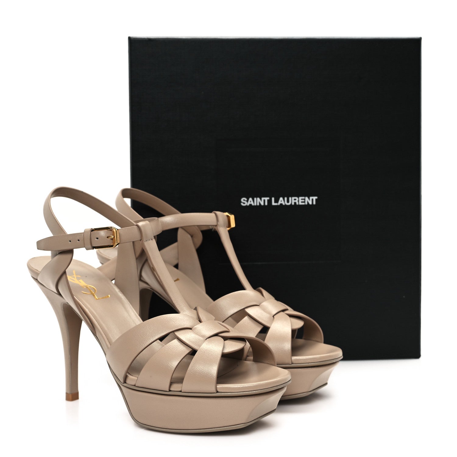 Saint Laurent Calfskin Tribute 75 Platform Sandals 38 Dark Beige 10 of 10