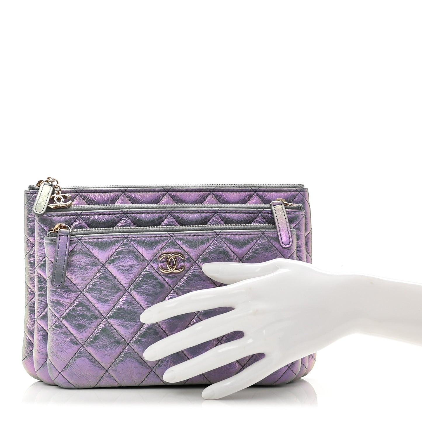 Iridescent Crumpled Calfskin Trio Cosmetic Case Purple
