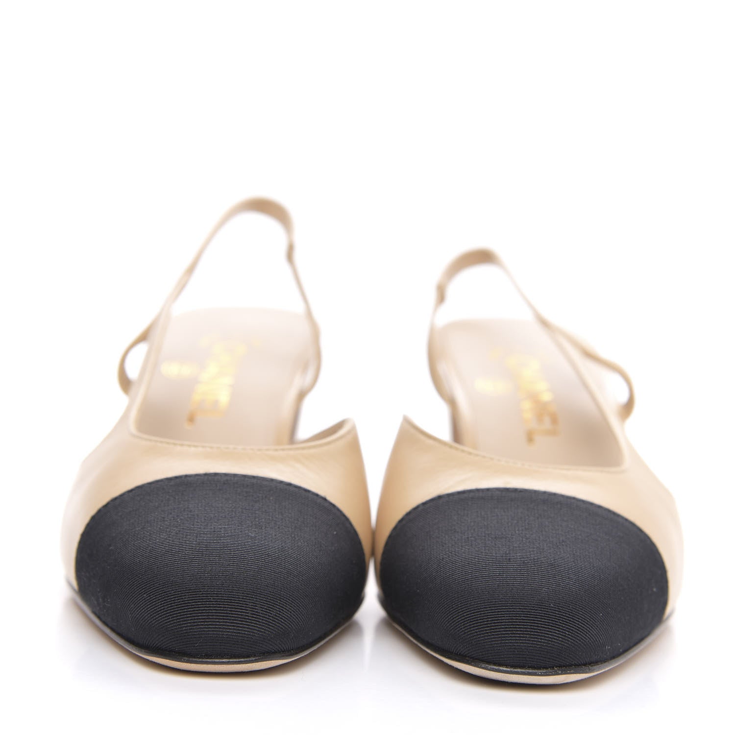 Chanel Goatskin Grosgrain Cap Toe CC Slingback Pumps 37.5 Beige Black 2 of 9