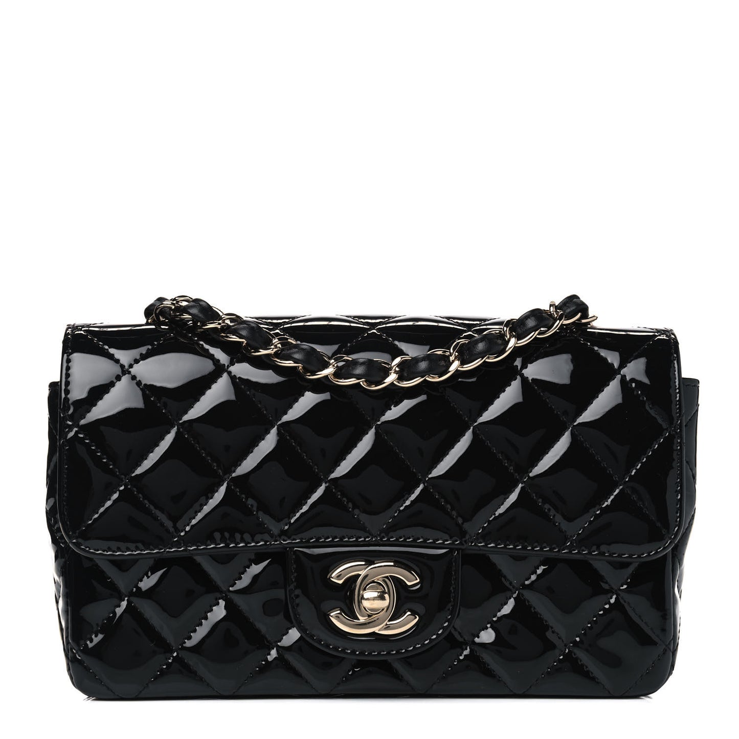 Patent Calfskin Quilted Mini Rectangular Flap Black