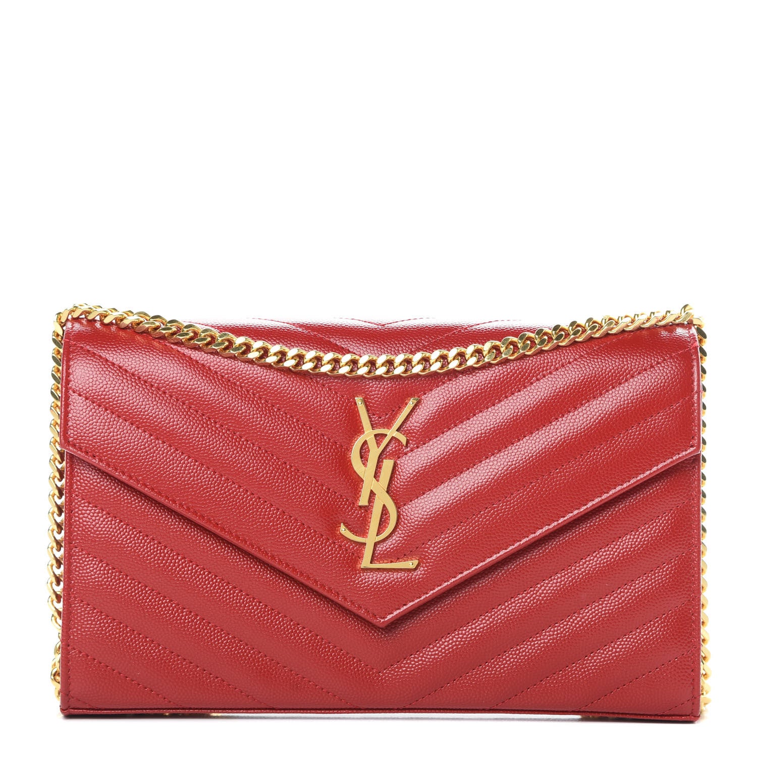 Saint Laurent Grain De Poudre Matelasse Chevron Monogram Chain Wallet Red 1 of 12